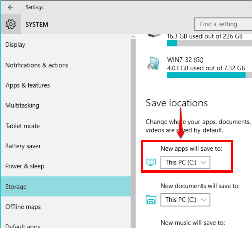 set default storage location as flash drive to install new apps