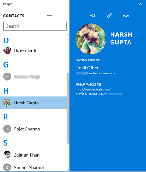 Gmail contacts added to Windows 10 People app
