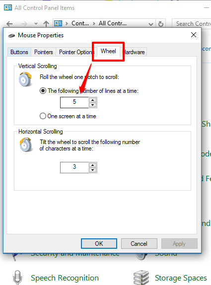 change mouse scroll speed using Wheel tab
