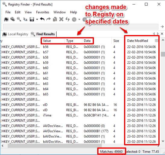 changes made to Registry on specified dates detected by Registry Finder