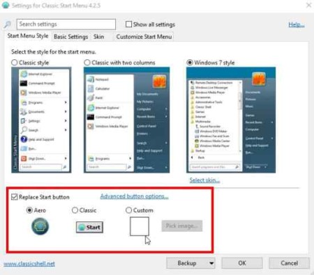 classic shell start button change options