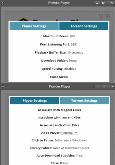 control player settings and torrent settings