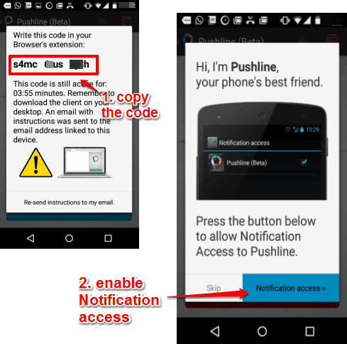copy the code and enable notification access