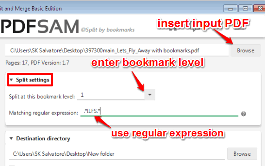 enter bookmark level and regular expression