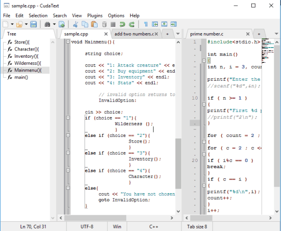 free code editor with tabbed interface