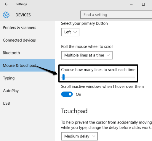 move the slider to adjust mouse scroll speed in Windows 10