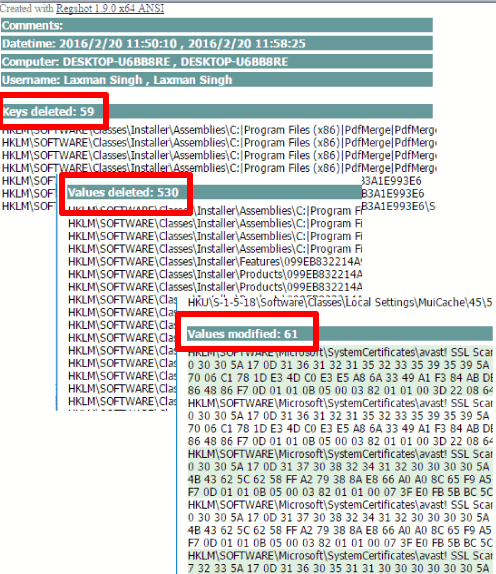 report generated to monitor changes in Windows 10 registry