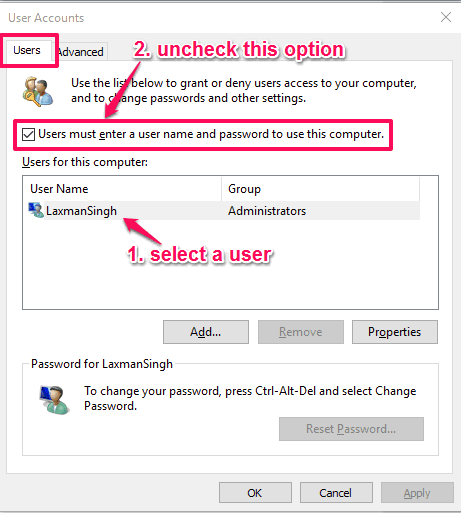 select a user and uncheck the option that prompts user for password