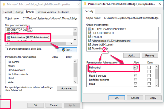 set Full control as permissions for Administrators