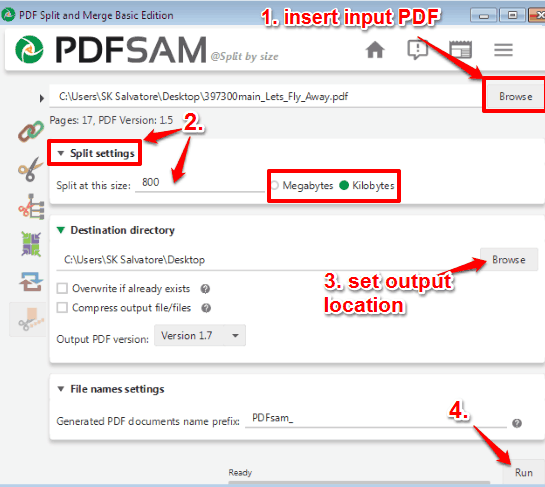 set split settings and process input PDF