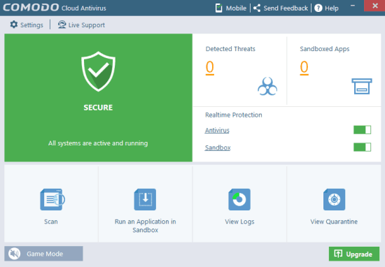 Comodo Cloud antivirus- interface