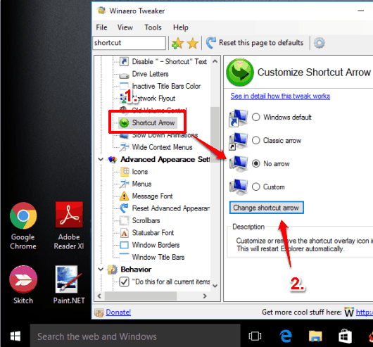 Winaero Tweaker shortcut arrow remover