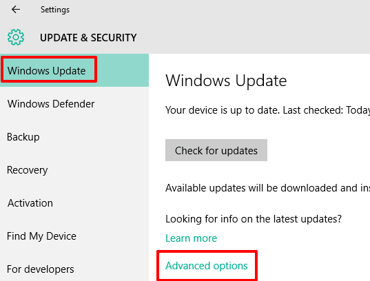 access Advanced options in Windows Update section
