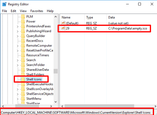 access Shell Icons key that contains String Value 29