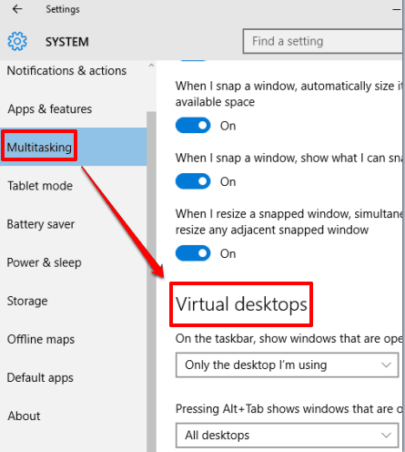 access Virtual desktops section in Multitasking submenu