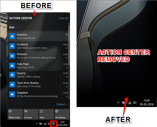 before and after removing Action Center