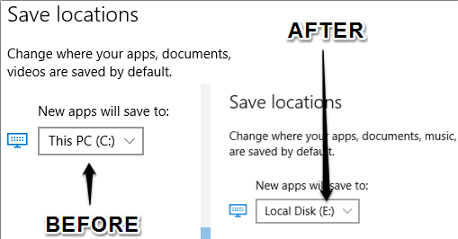 before and after storage location of new apps in Windows 10