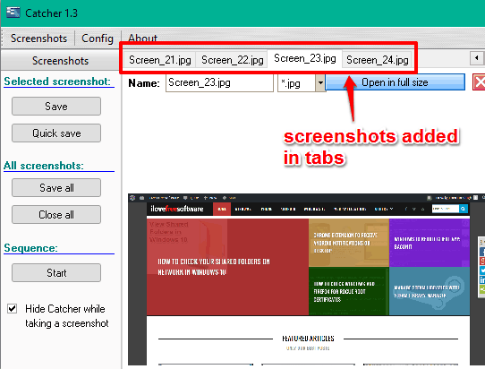 captured screenshots are opened in tabs