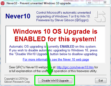 click Disable Win10 Upgrade button