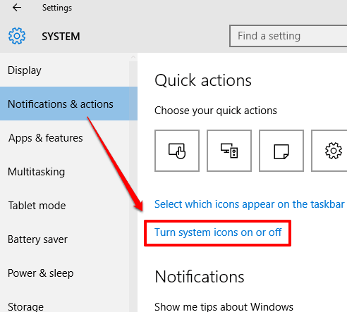 click turn system icons on or off option