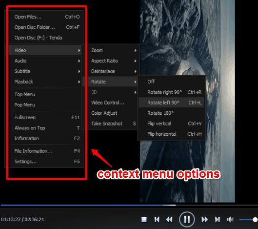 context menu options