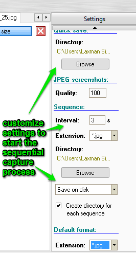 customize settings for sequential capture process