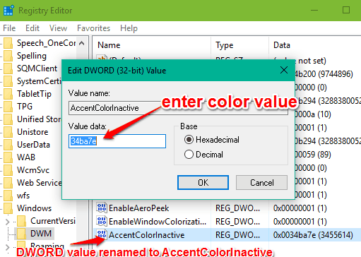 enter color value in Value data and press OK