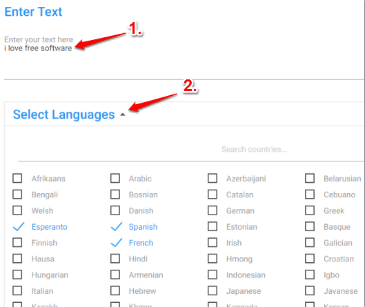 enter text and select languages for translation