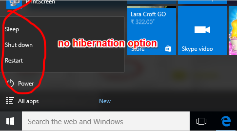 hibernation option is not available in start menu