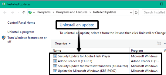 how to uninstall a particular Windows update in Windows 10