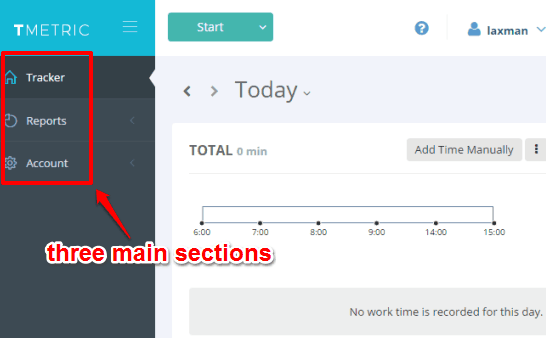 main sections in this work time tracking website