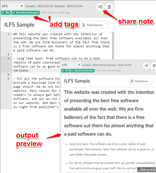 right section to create and edit notes