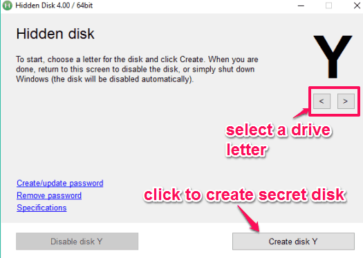 select drive letter to create hidden disk