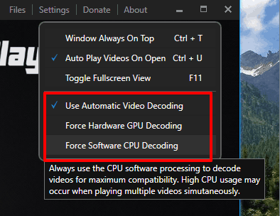 set video, GPU or CPU decoding