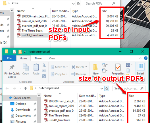size comparison of input and output PDF files