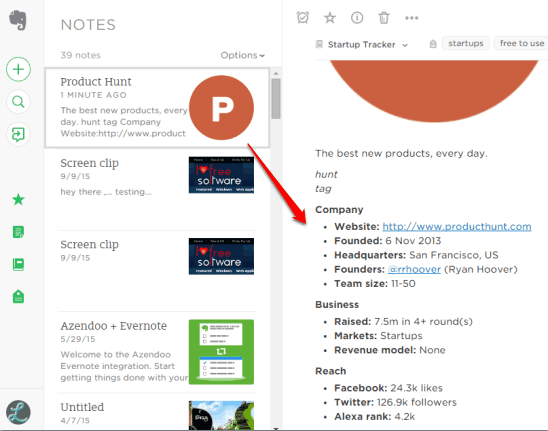 startup info saved to Evernote