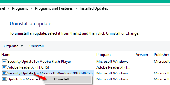 uninstall an update