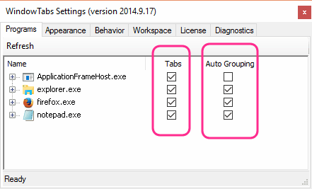 controlling grouping and tabs
