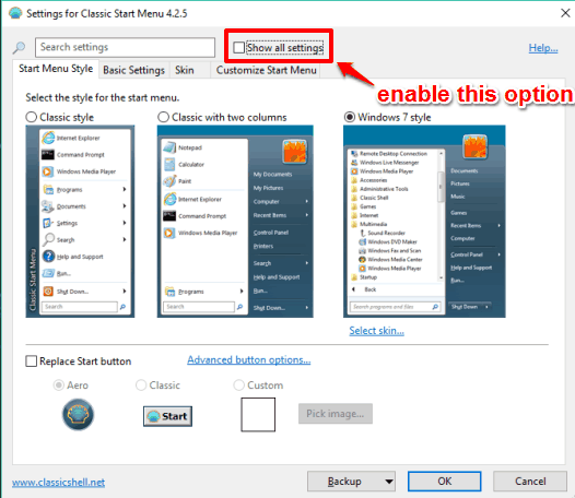 enable all settings option