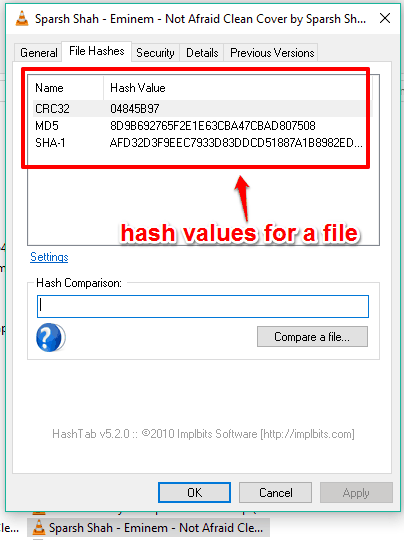 generate hash values in file properties dialog box