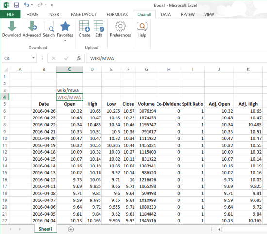get free financial and economic data using Quandl Excel add-in