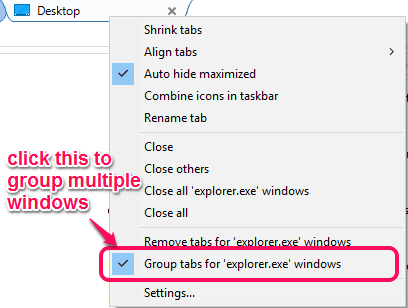 settings via context menu