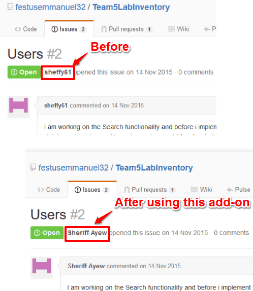 show real name of GitHub user on Issues