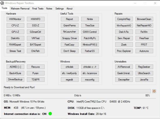 Windows Repair Toolbox- interface