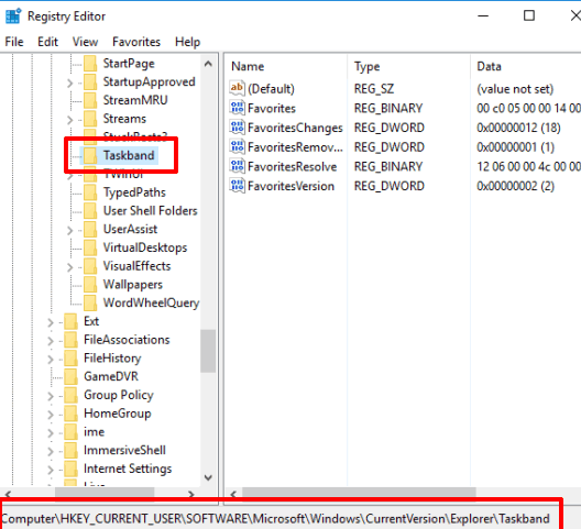 access Taskband registry key