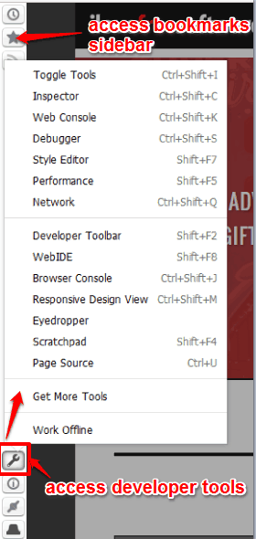 access bookmarks sidebar, developer tools