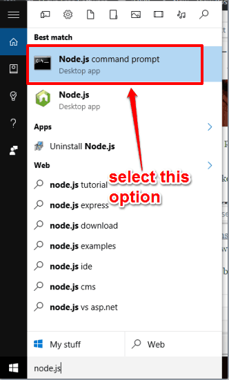 click on Node.js command prompt option