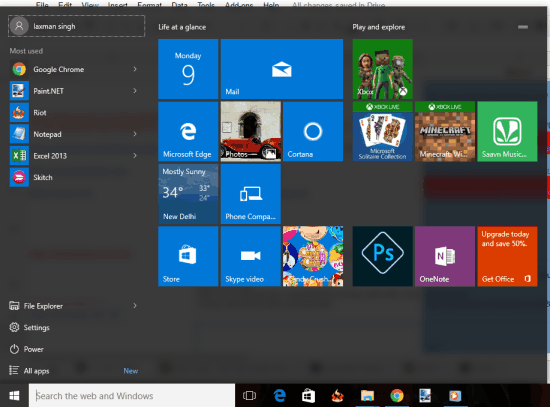 default 3 columns layout of Start Menu