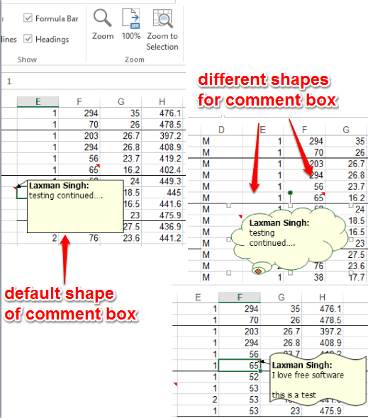 default and custom shapes of comment box