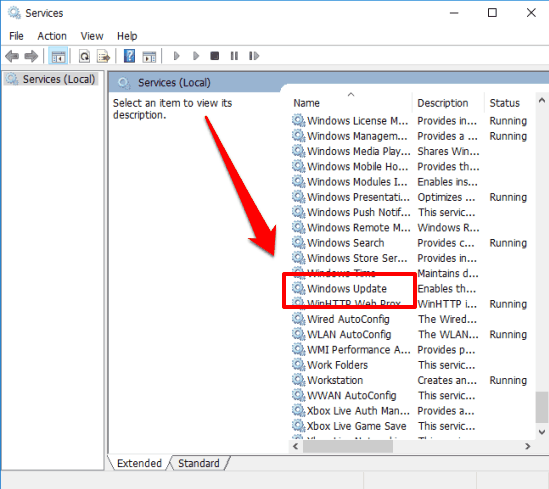 find windows update option in Services window